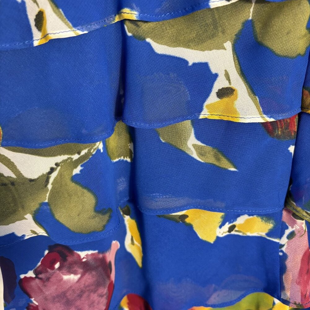 Floral Tiered Blue Sleeveless V-Neck Dress, Ruffled Layers,  Multicolor Print - Picture 8 of 13